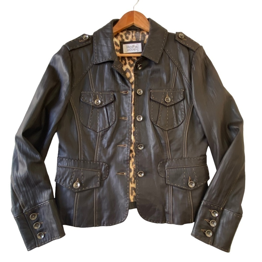 Rofa Moden genuine leather jacket brown soft button up pockets sewing details 46